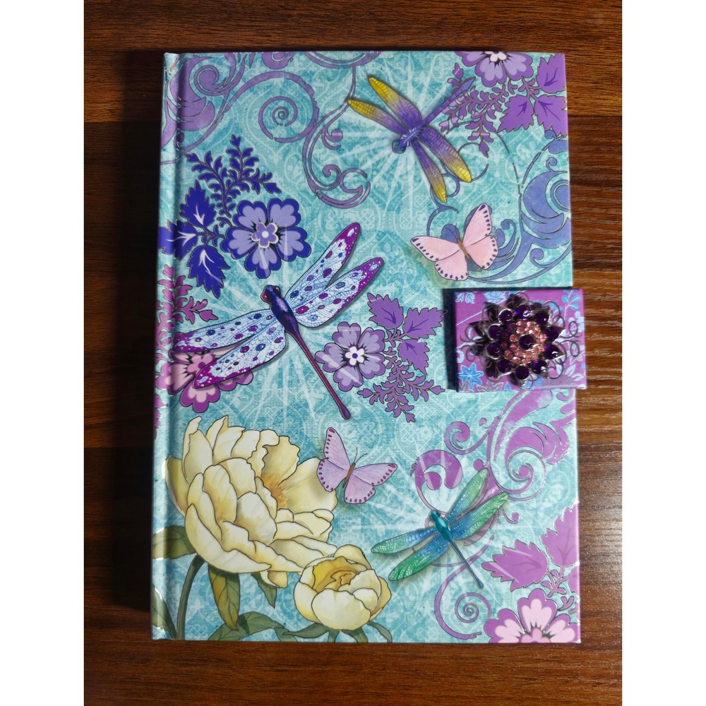 Punch Studio Dragonfly Peony Brooch Journal Hardcover Lined Teal Purple Floral